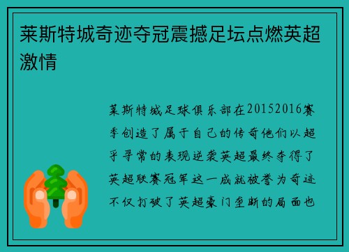 莱斯特城奇迹夺冠震撼足坛点燃英超激情